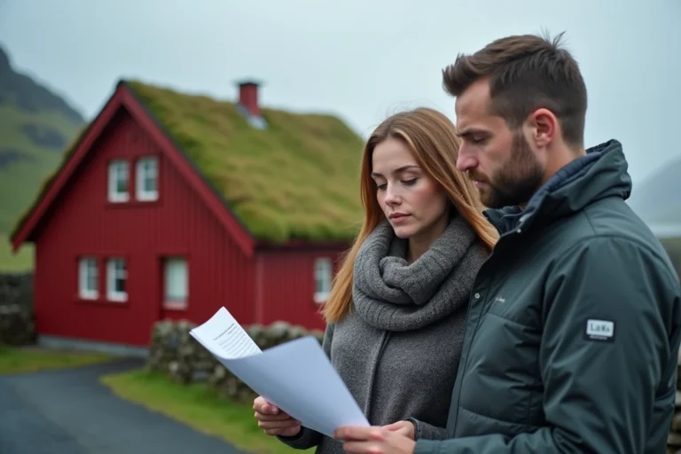 Couple étranger examinant des documents immobiliers devant une maison traditionnelle aux toits de tourbe aux Îles Féroé