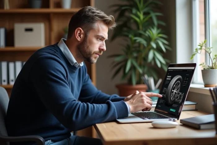 Particulier consultant un site professionnel de vente de pneus sur un ordinateur portable depuis son bureau à domicile