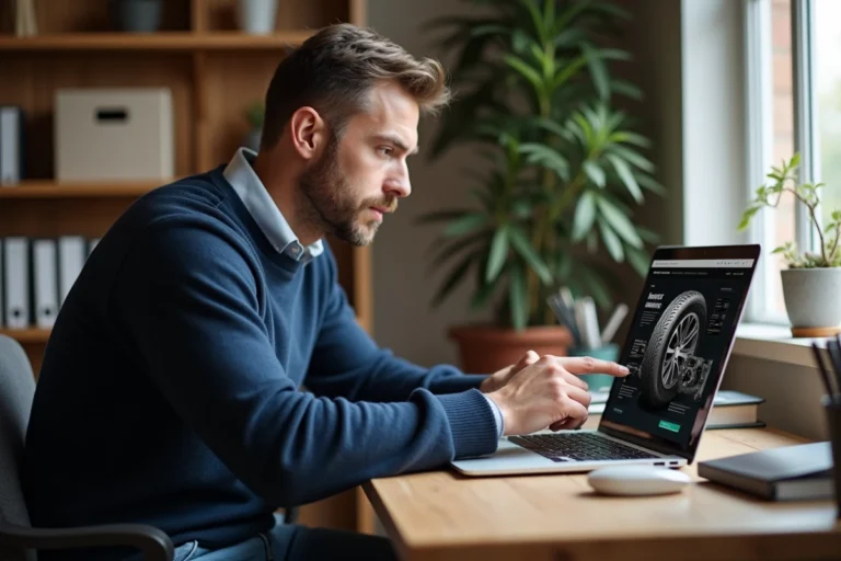 Particulier consultant un site professionnel de vente de pneus sur un ordinateur portable depuis son bureau à domicile