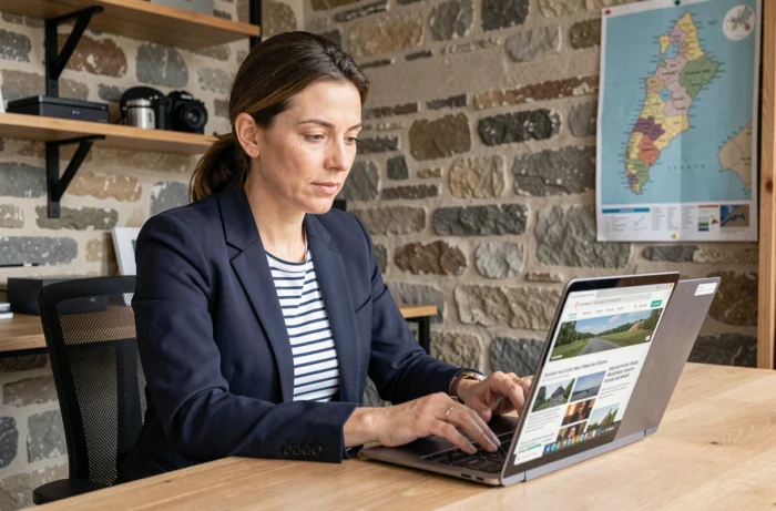 Femme consultantl'actualité numérique bretonne sur un ordinateur portable dans un espace de coworking à l'architecture bretonne