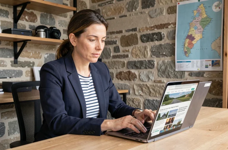 Femme consultantl'actualité numérique bretonne sur un ordinateur portable dans un espace de coworking à l'architecture bretonne