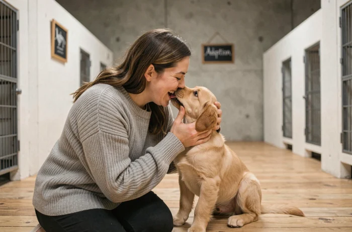 Femme adoptant un chiot golden retriever dans un refuge animalier, tenant le chien avec tendresse
