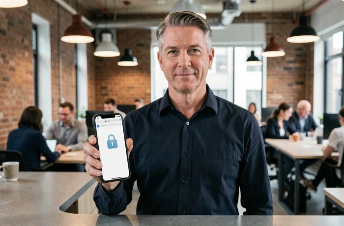 Homme consultant l'adresse sécurisée d'un site officiel sur son smartphone dans un espace de coworking