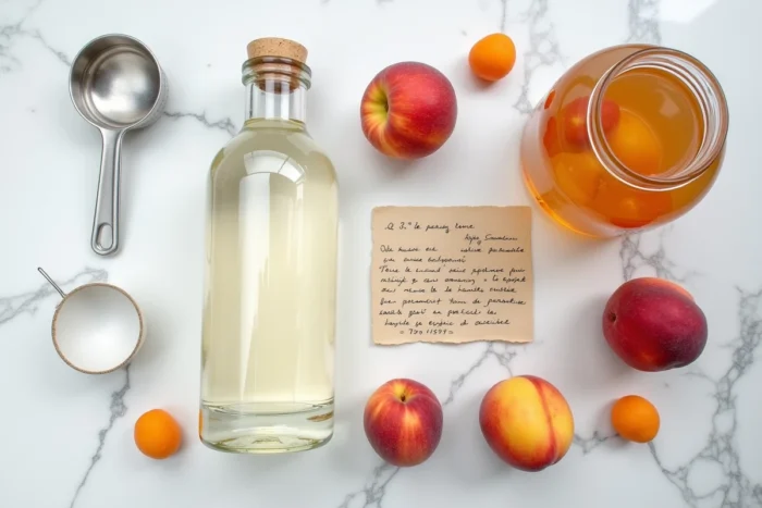 Vue de dessus d'une préparation avec alcool 90 alimentaire, fruits frais et bocaux sur marbre blanc