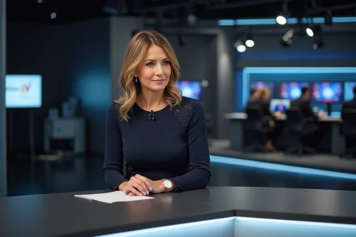 Animatrice en robe mi-longue colorée assise au bureau de présentation d'un plateau télé