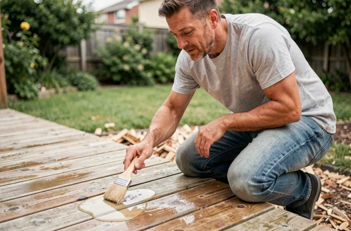 Homme appliquant le gel de protection bois Parkside sur une terrasse en bois avec un pinceau plat
