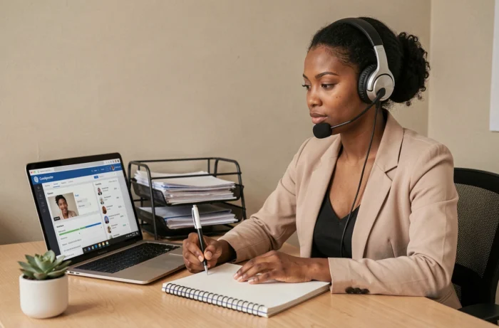 Femme africaine travaillant comme assistante virtuelle en ligne pour des entrepreneurs francophones