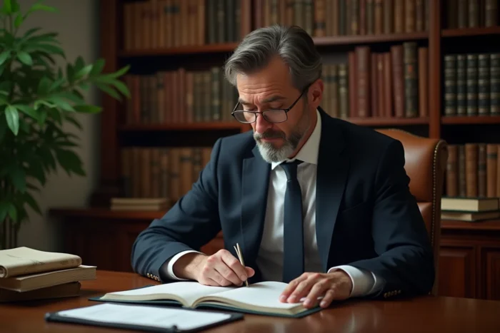 Avocat français en costume marine consultant un dossier juridique dans un bureau parisien classique pour l'analyse de l'arrêt Perdereau