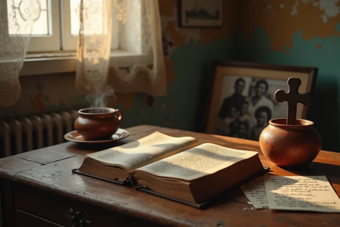Bible orthodoxe éthiopienne, croix en bois et café traditionnel sur une table, symboles des racines religieuses et familiales de The Weeknd