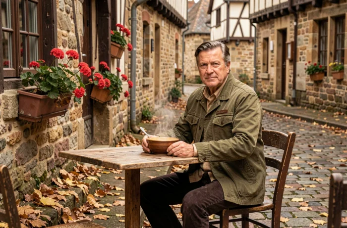 Homme attablé devant une crêperie bretonne traditionnelle en automne avec des feuilles dorées sur les pavés