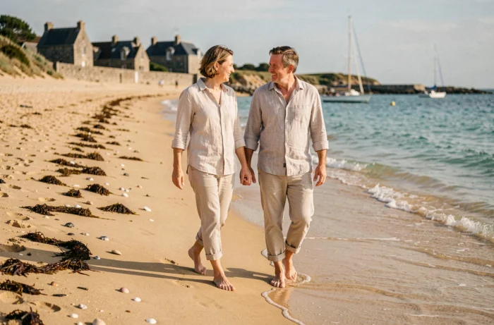 Couple se promenant pieds nus sur une plage bretonne en été avec des bateaux à voile en arrière-plan