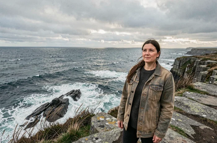 Femme en pull de pêcheur sur une falaise de granit bretonne en hiver face à une mer agitée
