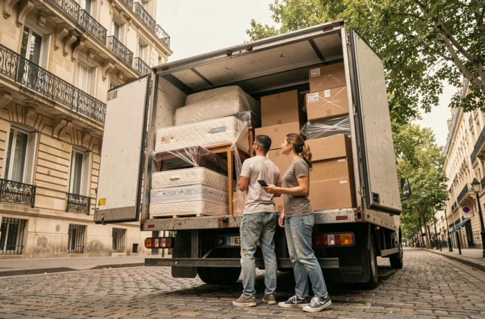 Deux déménageurs inspectant un camion 6m3 entièrement chargé avec meubles et cartons optimisés dans l'espace cargo