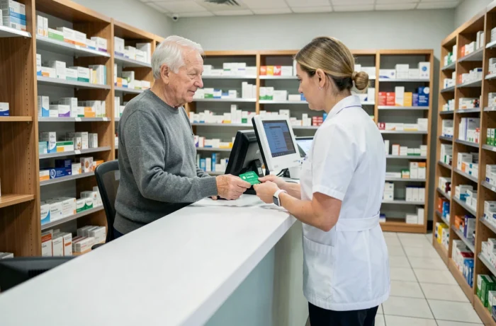 Senior présentant sa carte Vitale en pharmacie pour une maladie prise en charge à 100% par la Sécurité sociale