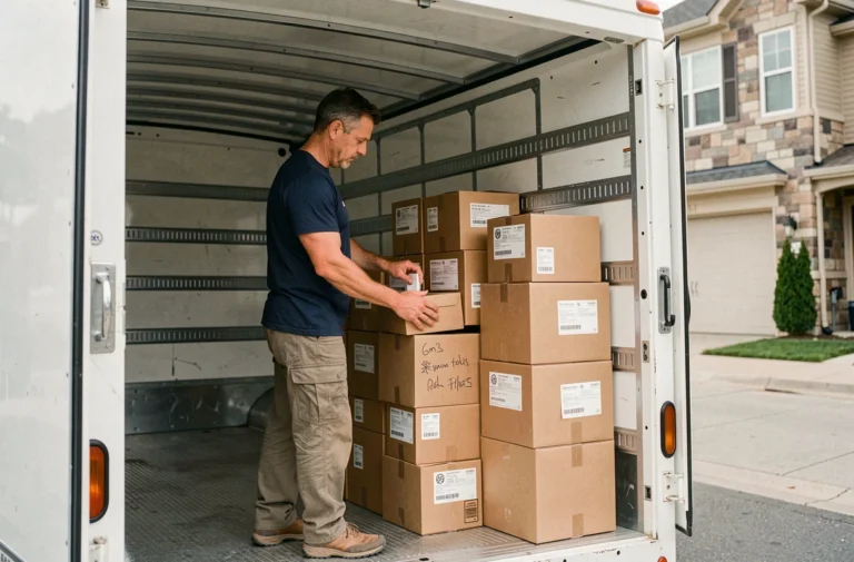 Homme chargeant méthodiquement des cartons dans un camion 6m3 pour optimiser le volume utile lors d'un déménagement