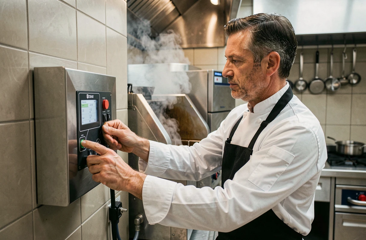 Chef cuisinier professionnel activant le système de suppression d'incendie en cuisine commerciale pour feu de classe F sur huiles de cuisson