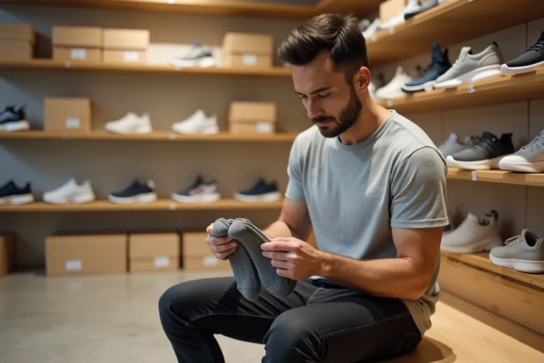Homme tenant des chaussettes de pointure 42 dans un magasin de chaussures pour choisir la bonne taille