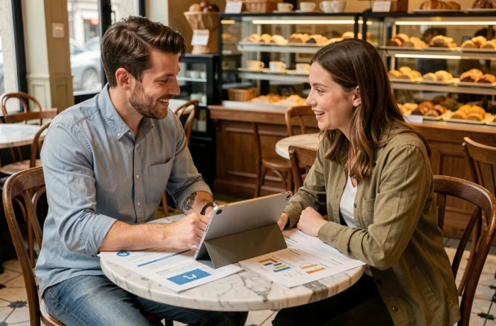 Deux jeunes entrepreneurs collaborant sur des fiches de ressources pour projet entrepreneurial dans un café parisien