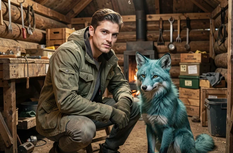 Joueur et compagnon Pal renard cyan près d'un établi dans un camp de base en bois dans Palworld
