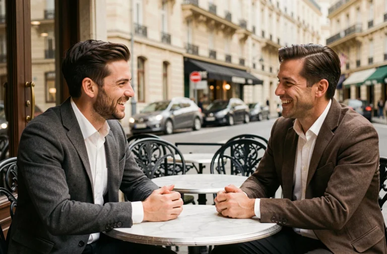Deux hommes élégants discutant à une terrasse de café parisien, illustrant l'univers people et les relations amoureuses de personnalités publiques