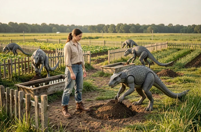 Femme supervisant des compagnons Pal agricoles dans un camp en plein air entouré de cultures dans Palworld