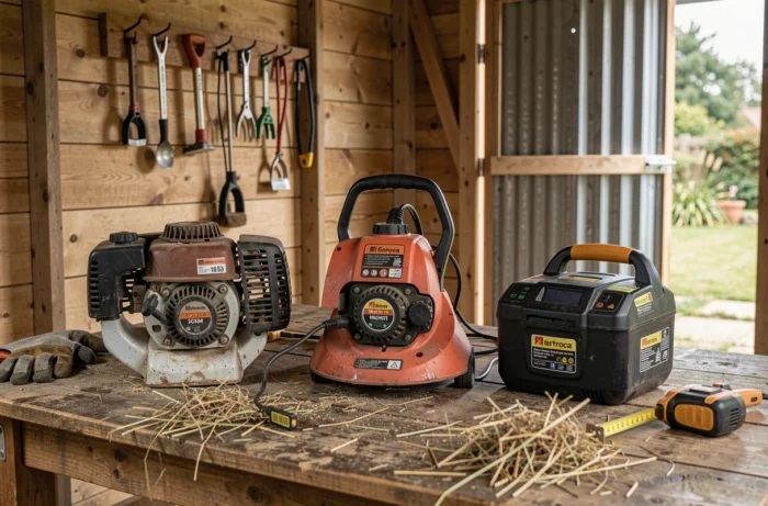 Comparaison de trois types de débroussailleuses posées sur un établi en bois dans un abri de jardin