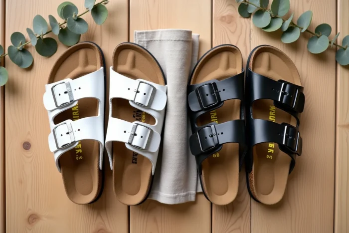 Comparaison côte à côte de sandales Birkenstock Gizeh blanches et Scholl Feel Good noires posées à plat sur une surface en bois clair, vue de dessus style éditorial