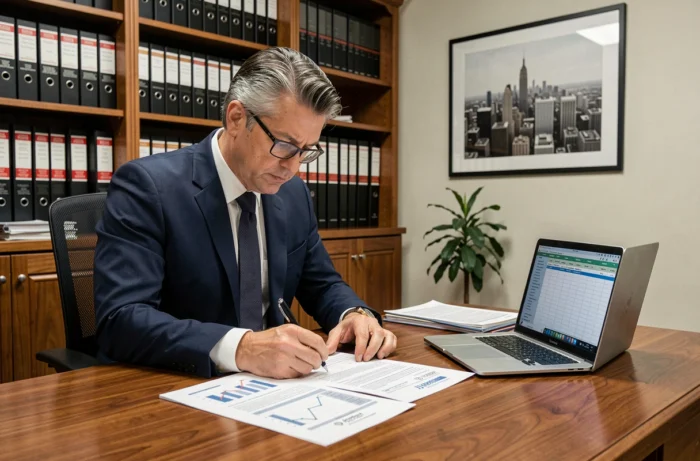 Conseiller fiscal immobilier analysant des documents de déclaration d'impôts sur un bureau en chêne dans un bureau professionnel