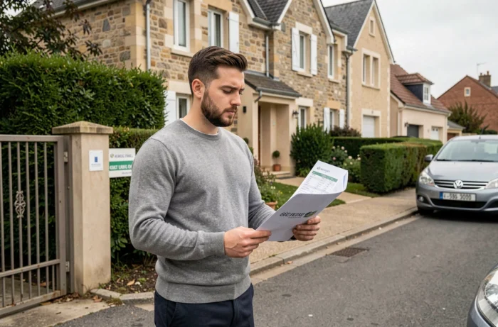 Conseiller immobilier IAD devant une maison à vendre consultant les tendances de frais d'agence 2026