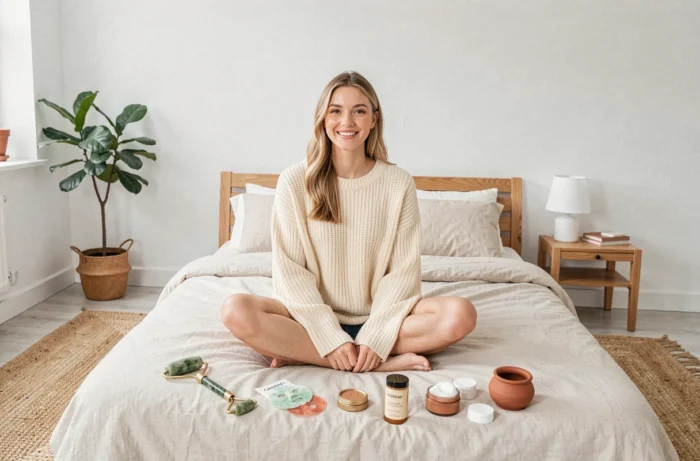 Jeune femme entourée de produits de beauté sur un lit scandinave, conseils soins et bien-être
