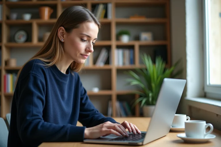 Femme consultant ses comptes bancaires en ligne sur un ordinateur portable depuis son bureau à domicile