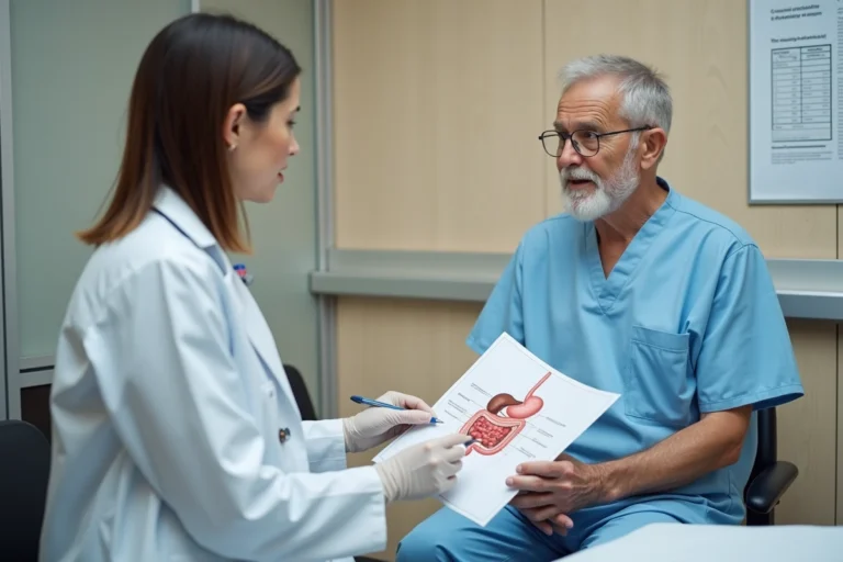 Patient homme d'âge mûr en consultation médicale avec une gastroentérologue examinant un schéma anatomique des hémorroïdes externes