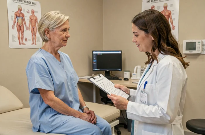 Patiente en consultation médicale discutant de sa prise en charge à 100% avec son médecin en France