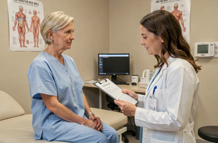 Patiente en consultation médicale discutant de sa prise en charge à 100% avec son médecin en France