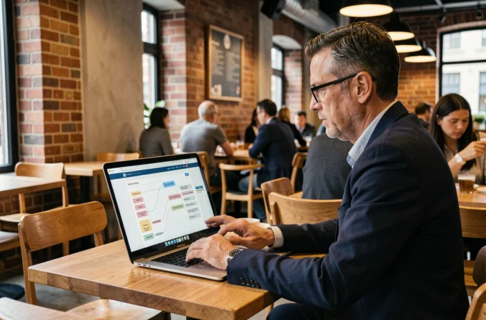 Homme en blazer consultant le plan de navigation du site Esprits Public dans un café