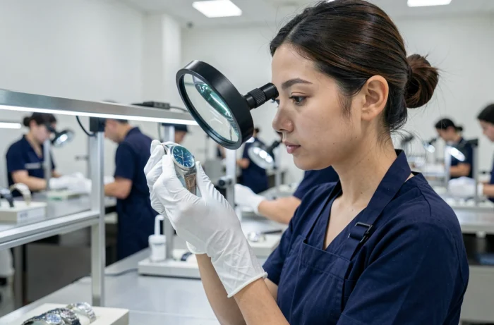 Technicienne en contrôle qualité inspectant une montre Certus dans une manufacture moderne