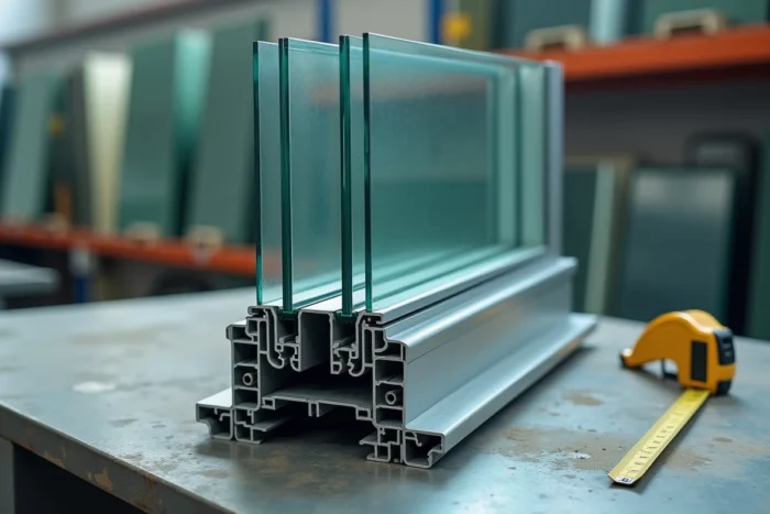 Coupe transversale d'un double vitrage posé sur un établi d'atelier révélant l'espace d'air et le profilé espaceur aluminium