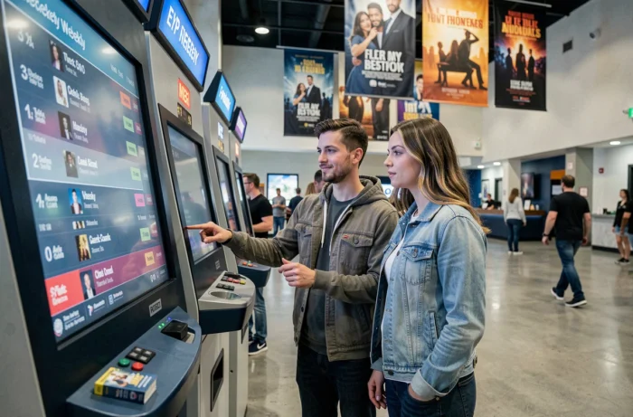 Couple choisissant leurs séances de cinéma devant un kiosque numérique dans le hall d'un multiplex moderne
