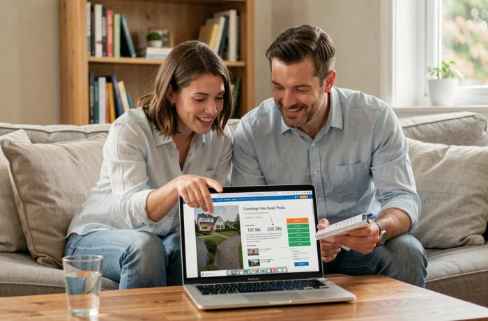 Couple comparant les frais d'agence IAD en ligne sur un ordinateur portable dans leur salon