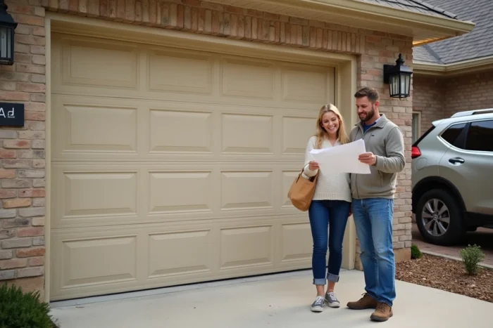 Couple devant leur porte de garage sectionnelle motorisée nouvellement installée