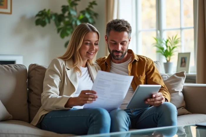Couple lisant un document d'assurance Cdiscount ensemble dans leur appartement