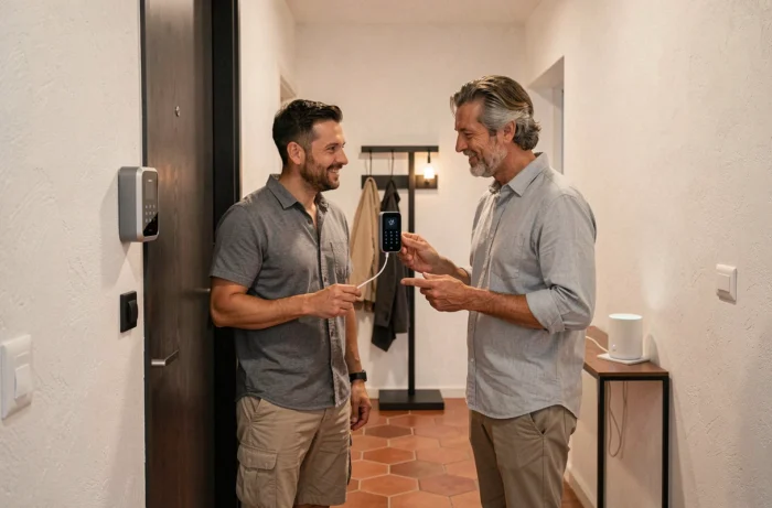 Couple utilisant une serrure connectée et un visiophone intelligent à l'entrée d'une maison domotisée