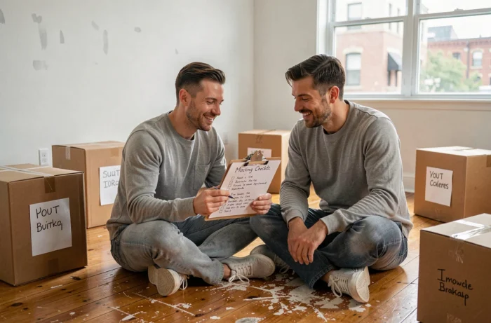 Couple vérifiant une liste de contrôle de déménagement assis parmi des cartons dans un appartement vide