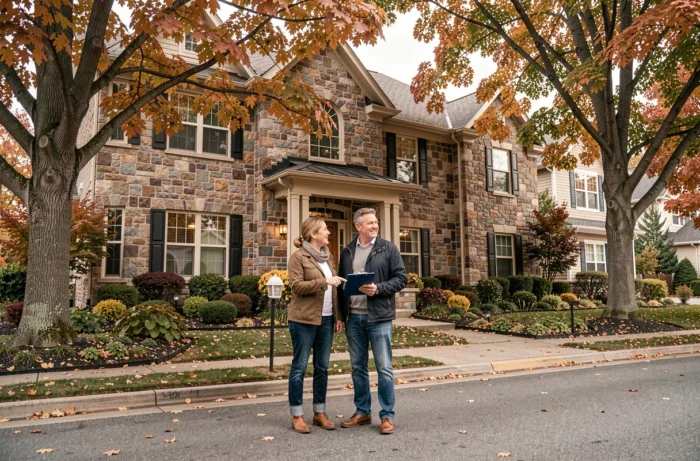 Couple visitant une maison en pierre avec un agent immobilier dans un quartier résidentiel en automne