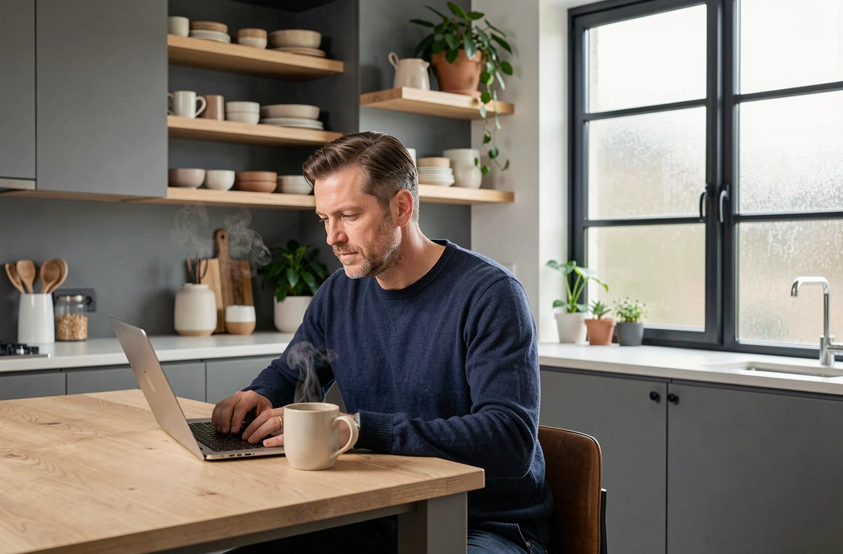 Homme travaillant sur ordinateur dans une cuisine ouverte avec îlot servant de bureau