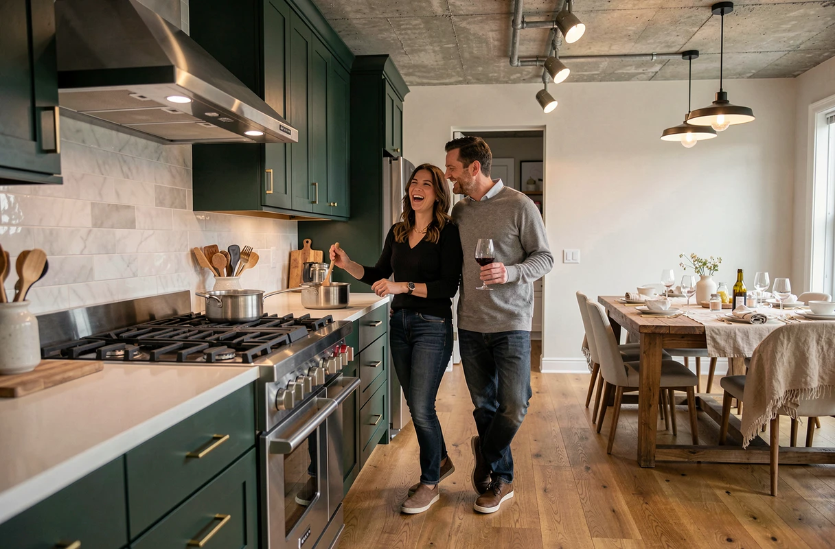 Couple cuisinant ensemble dans une cuisine ouverte haut de gamme lors d'un dîner convivial