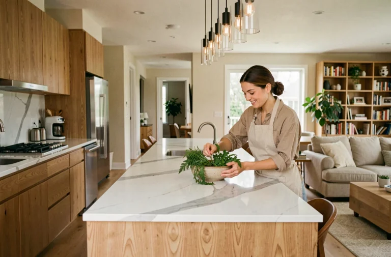 Cuisine ouverte moderne intégrée au salon avec îlot central en marbre et cabineterie en chêne