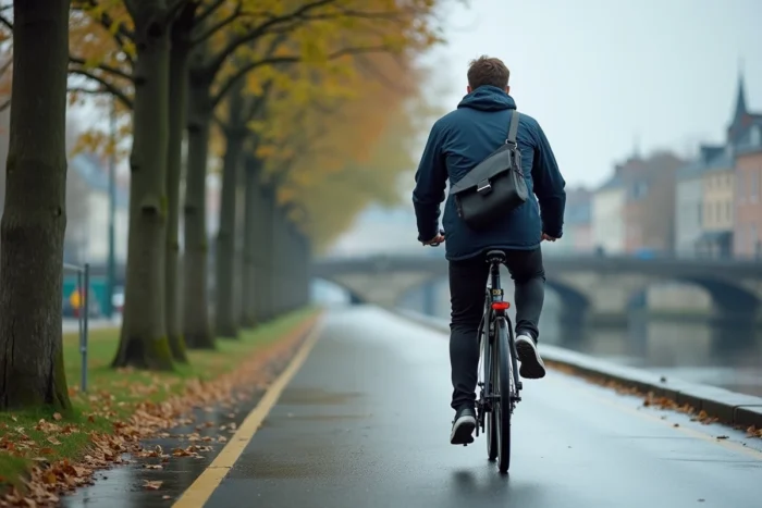 Cycliste sur les quais de la Vilaine à Rennes longeant la rivière sur une piste cyclable aménagée en centre-ville