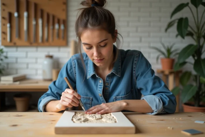 Jeune femme débutante en sculpture sur bois utilisant un couteau à sculpter pour travailler un panneau en relief à domicile