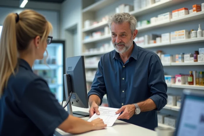 Homme déposant une ordonnance optique et une facture Zeiss au comptoir d'une pharmacie pour remboursement mutuelle